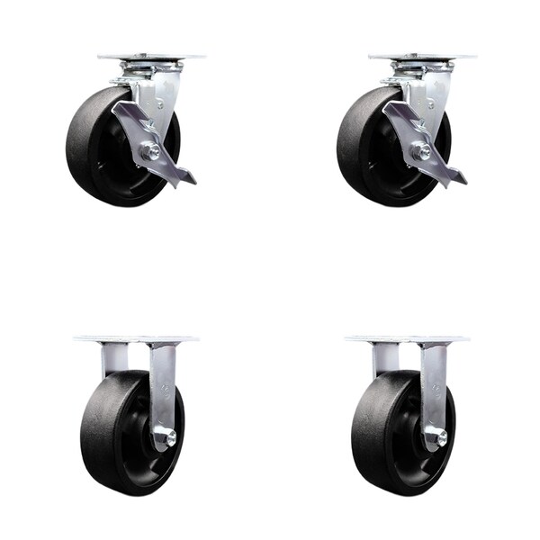 6 Inch Glass Filled Nylon Caster Set with Ball Bearings 2 Brakes 2 Rigid SCC
